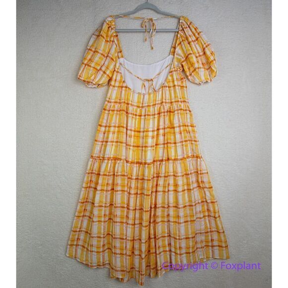 New! New ASTR The Label Ilana Plaid Puff Sleeve Tie Open Back Tiered Midi Dress - Picture 8 of 16